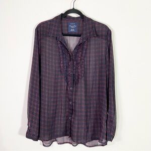 American Eagle Outfitters Sheer Mesh Plaid Long Sleeve Ruffle Button Down Shirt